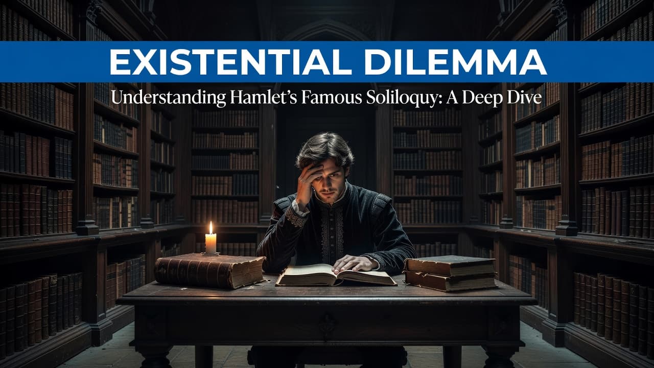 A young prince with a somber expression peruses a weathered antique book inside a dimly lit library. Low-key lighting highlights his silhouette, while clean blue typography sits neatly above his head.